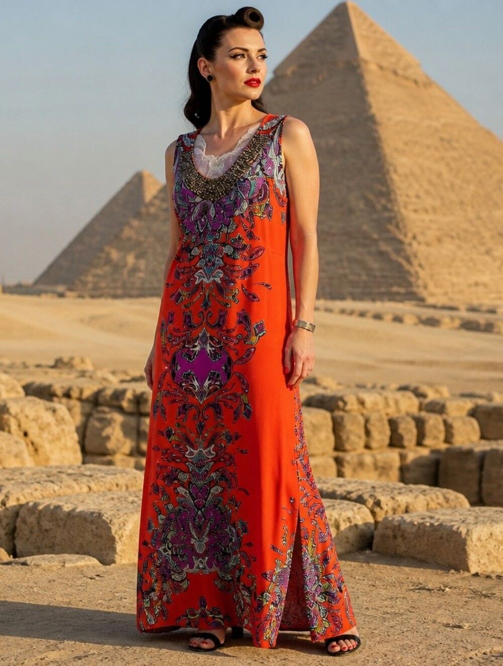 NY CollectionβOrange & Purple Beaded Neck Maxi Dress